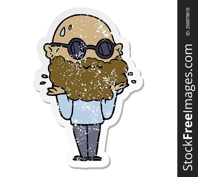 distressed sticker of a cartoon worried man with beard and sunglasses