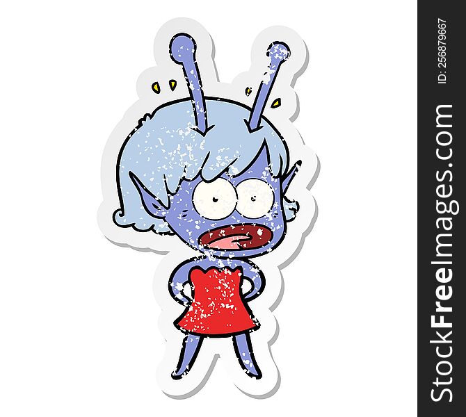 Distressed Sticker Of A Cartoon Shocked Alien Girl
