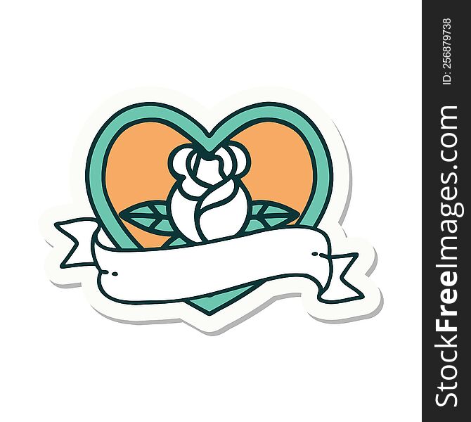 Tattoo Style Sticker Of A Heart Rose And Banner