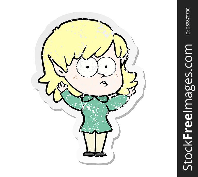 distressed sticker of a cartoon elf girl staring