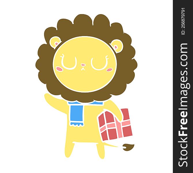 flat color style cartoon lion with christmas present