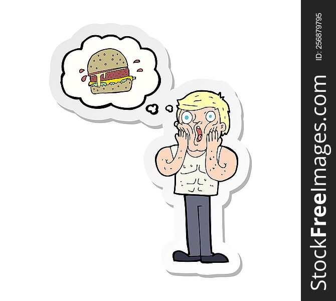 sticker of a cartoon shocked man thinking about junk food