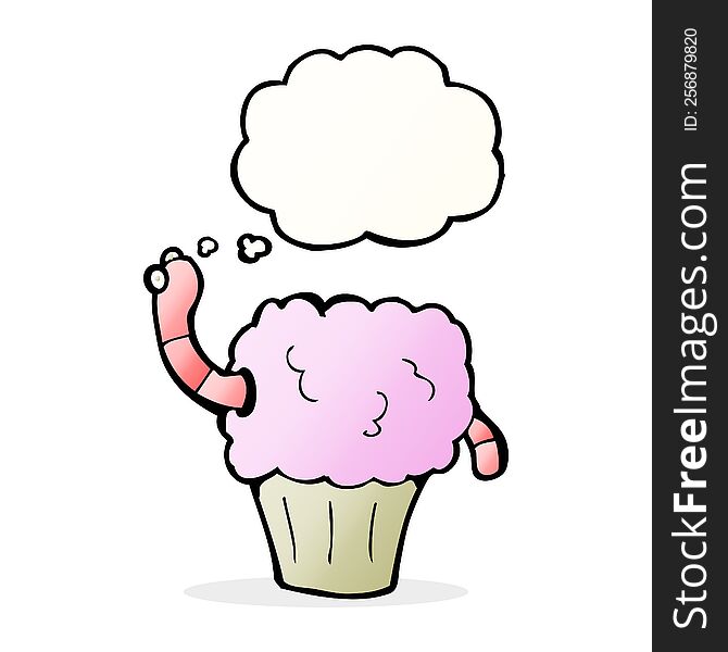 cartoon worm in cupcake with thought bubble