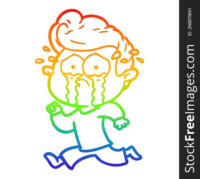 rainbow gradient line drawing of a cartoon crying man running