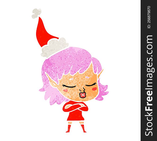 pretty hand drawn retro cartoon of a elf girl wearing santa hat. pretty hand drawn retro cartoon of a elf girl wearing santa hat