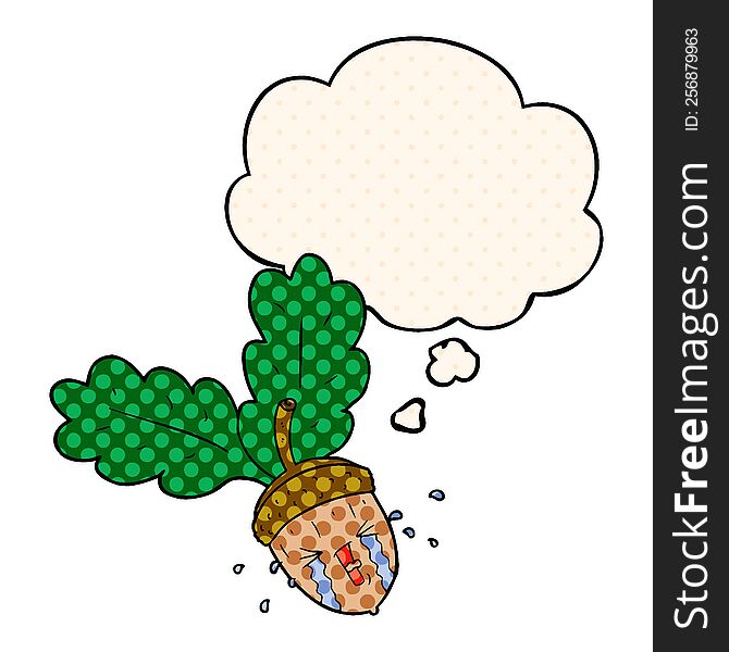 cartoon crying acorn with thought bubble in comic book style