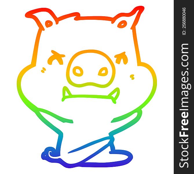 rainbow gradient line drawing of a angry cartoon pig throwing tantrum