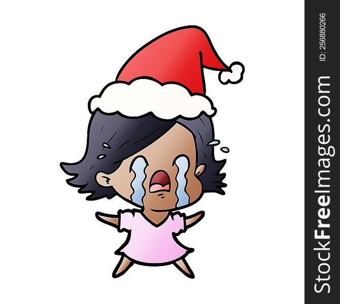 hand drawn gradient cartoon of a woman crying wearing santa hat