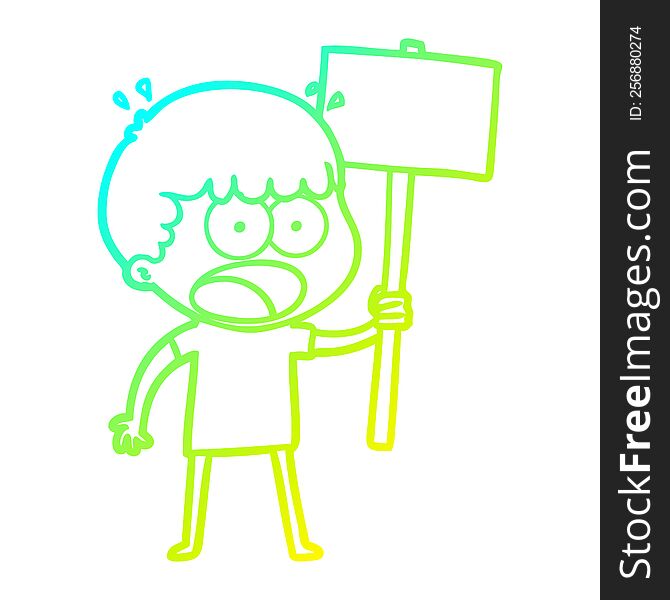 cold gradient line drawing of a cartoon shocked man with placard