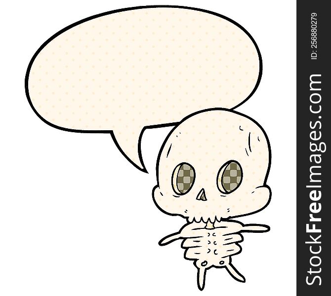 cute cartoon skeleton with speech bubble in comic book style