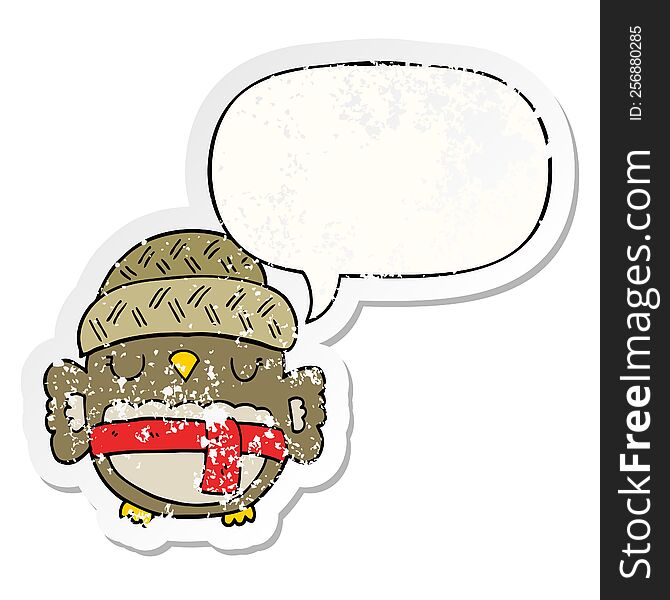 Cute Cartoon Owl In Hat And Speech Bubble Distressed Sticker