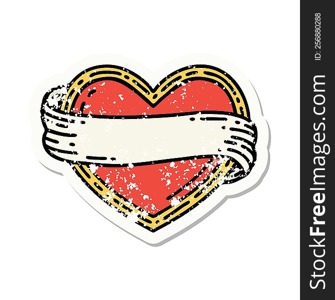 Traditional Distressed Sticker Tattoo Of A Heart And Banner