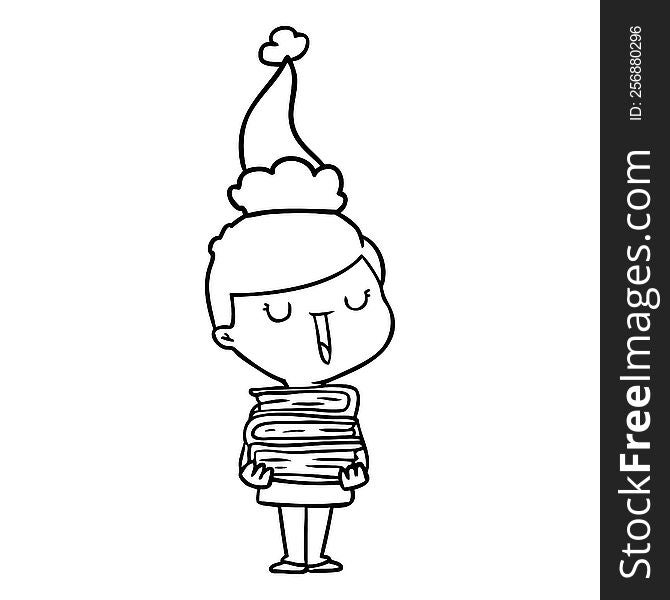 hand drawn line drawing of a happy boy with stack of books wearing santa hat