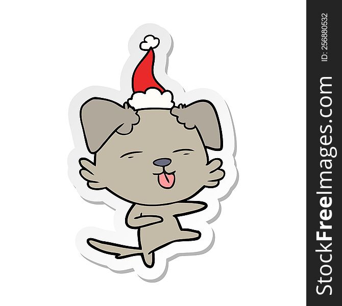 Sticker Cartoon Of A Dog Dancing Wearing Santa Hat