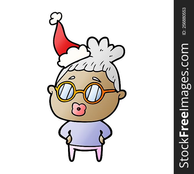 Gradient Cartoon Of A Librarian Woman Wearing Spectacles Wearing Santa Hat
