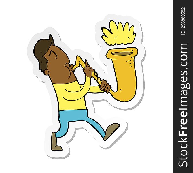 Sticker Of A Cartoon Man Blowing Saxophone