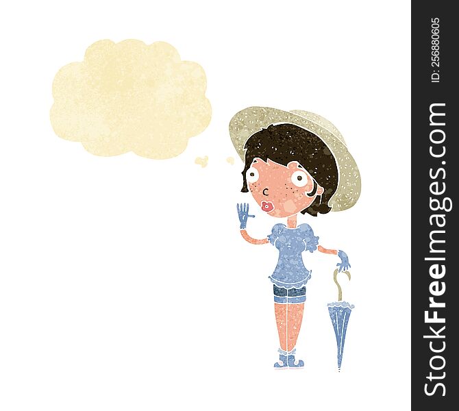 cartoon woman in summer hat waving with thought bubble