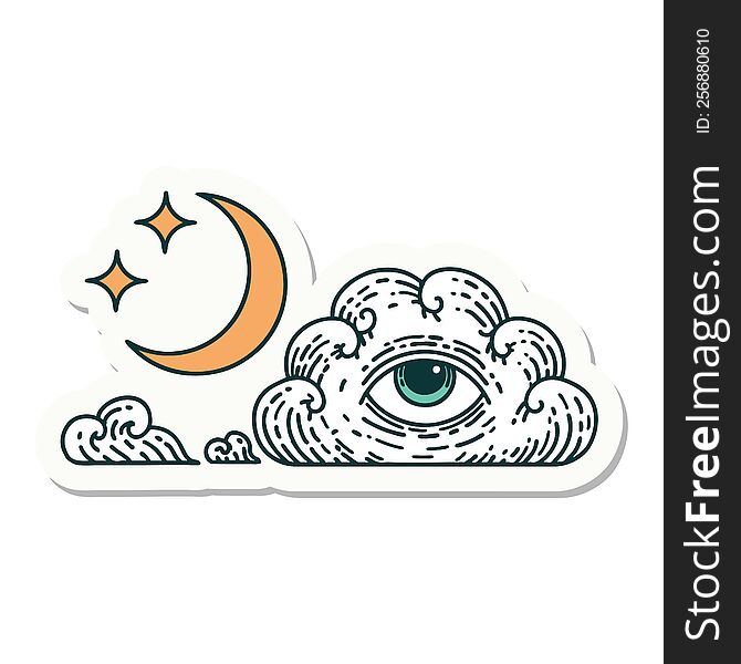 Tattoo Style Sticker Of A Moon Stars And Cloud