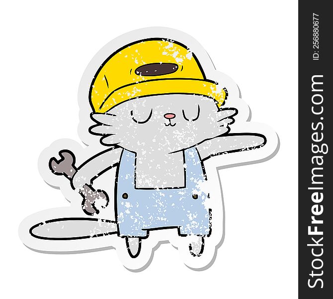 distressed sticker of a cartoon cat builder