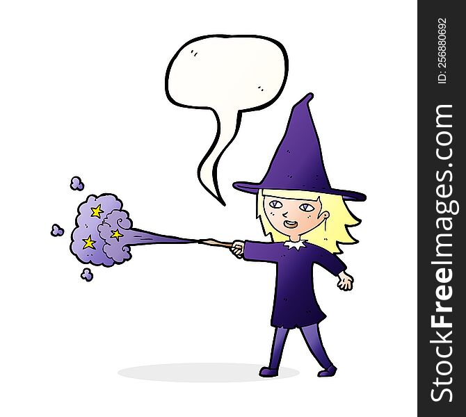 cartoon witch girl casting spell with speech bubble