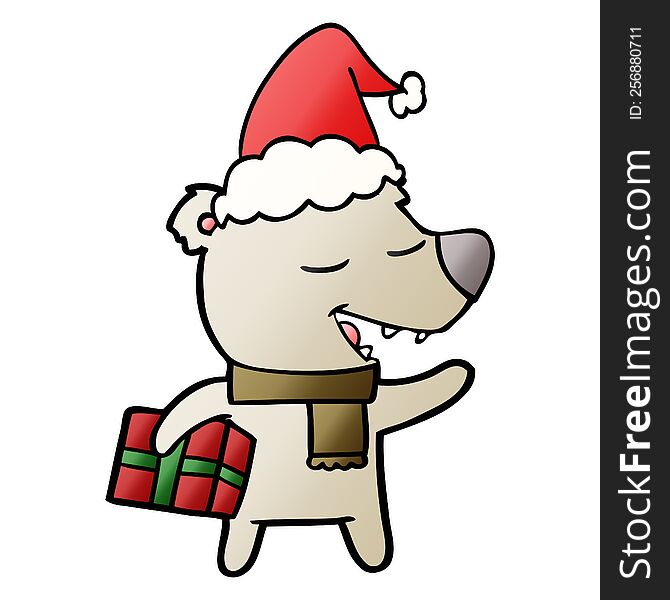 hand drawn gradient cartoon of a bear with present wearing santa hat