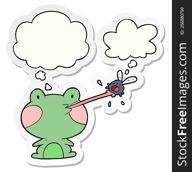 Cartoon Frog Catching Fly And Thought Bubble As A Printed Sticker