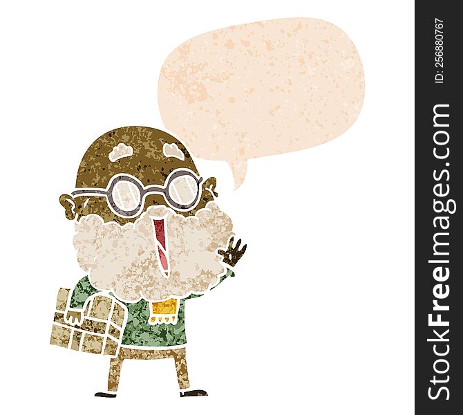 cartoon joyful man with beard and parcel under arm and speech bubble in retro textured style