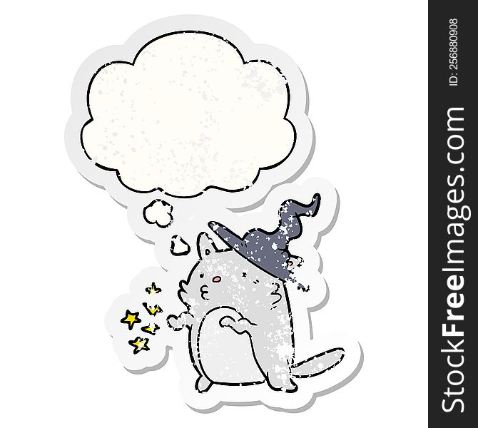 cartoon cat wizard with thought bubble as a distressed worn sticker