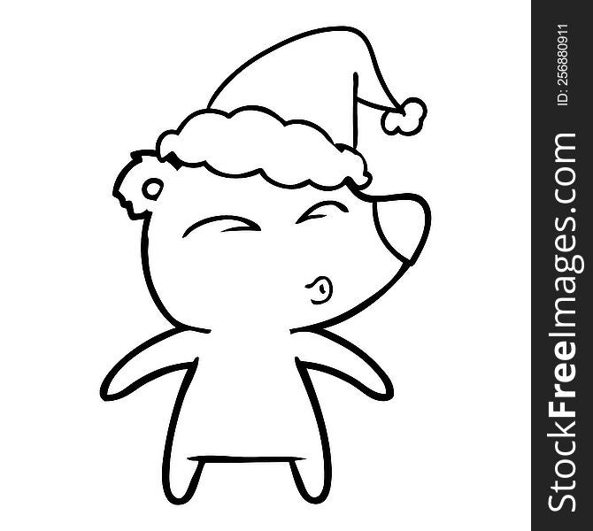 Line Drawing Of A Whistling Bear Wearing Santa Hat
