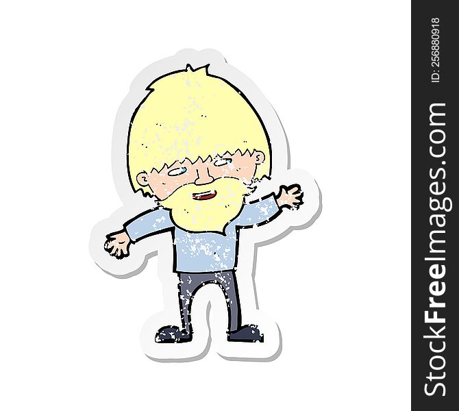 Retro Distressed Sticker Of A Cartoon Happy Bearded Man Waving