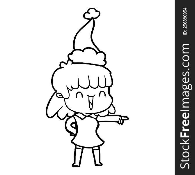 Line Drawing Of A Happy Girl Wearing Santa Hat