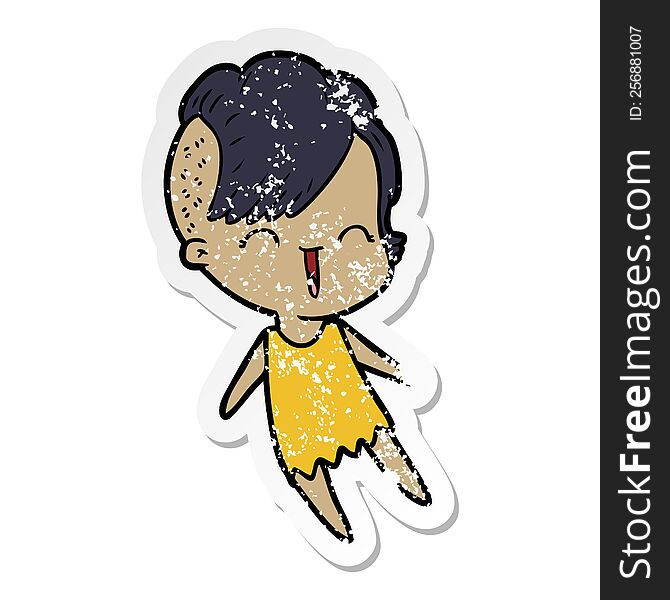 Distressed Sticker Of A Cartoon Happy Hipster Girl