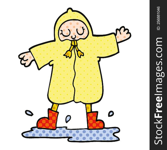 comic book style cartoon person splashing in puddle wearing rain coat