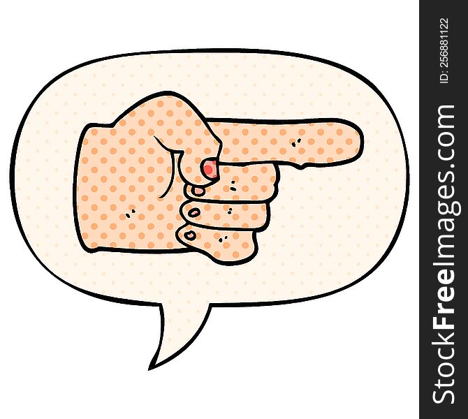 cartoon pointing hand with speech bubble in comic book style