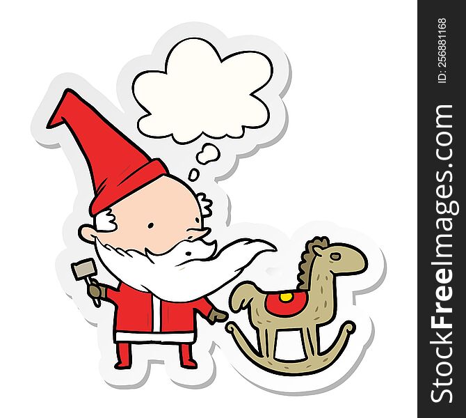 Cartoon Santa Making Toy And Thought Bubble As A Printed Sticker