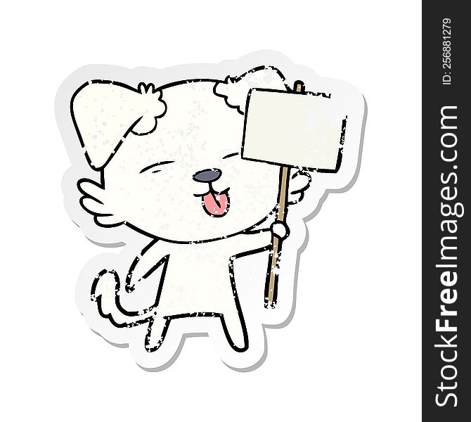 distressed sticker of a cartoon dog holding sign post