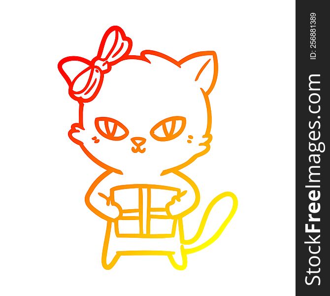 Warm Gradient Line Drawing Cute Cartoon Cat With Present