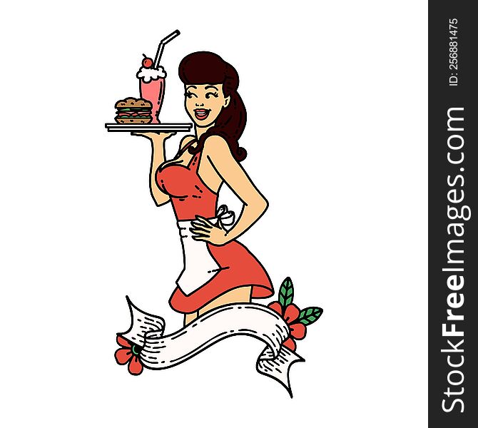 Traditional Tattoo Of A Pinup Waitress Girl With Banner