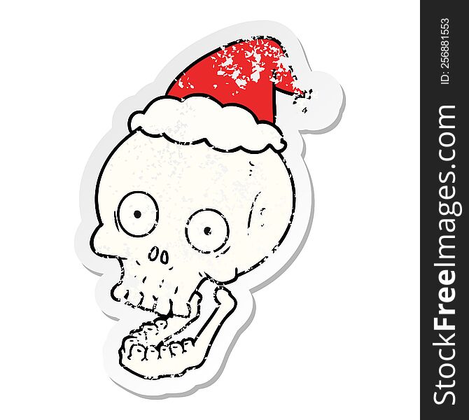 hand drawn distressed sticker cartoon of a skull wearing santa hat