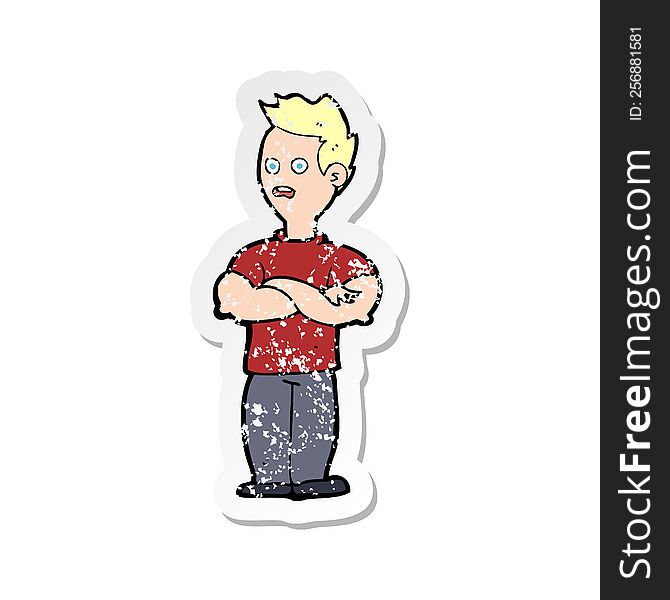 retro distressed sticker of a cartoon man with crossed arms