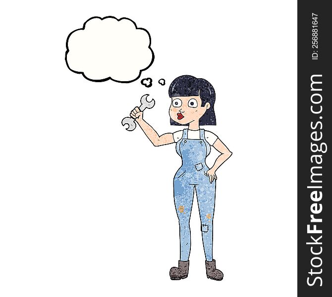 Thought Bubble Textured Cartoon Mechanic Woman