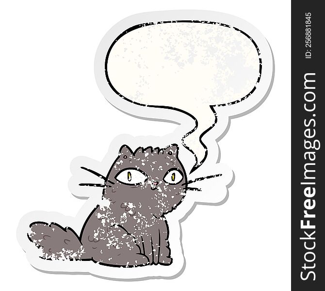 cartoon cat looking right at you with speech bubble distressed distressed old sticker. cartoon cat looking right at you with speech bubble distressed distressed old sticker