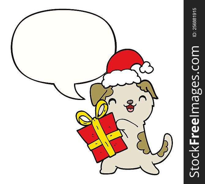 cute cartoon puppy with christmas present and hat with speech bubble. cute cartoon puppy with christmas present and hat with speech bubble