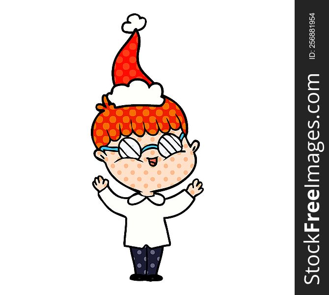 hand drawn comic book style illustration of a boy wearing spectacles wearing santa hat