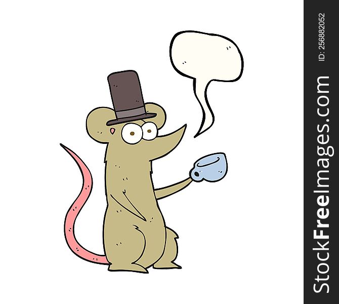 freehand drawn speech bubble cartoon mouse with cup and top hat