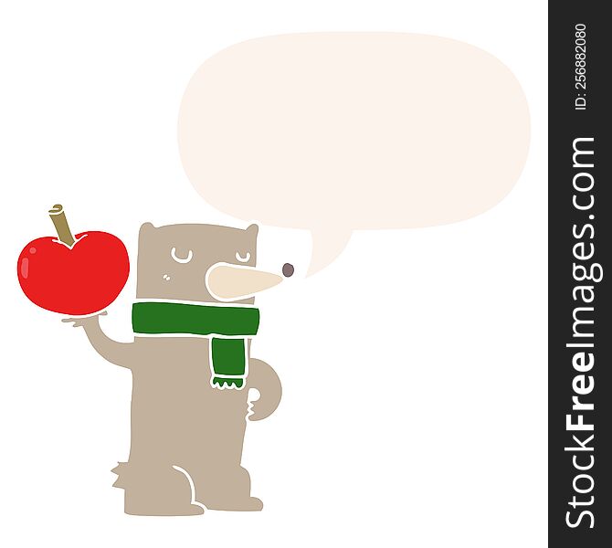 Cartoon Bear And Apple And Speech Bubble In Retro Style