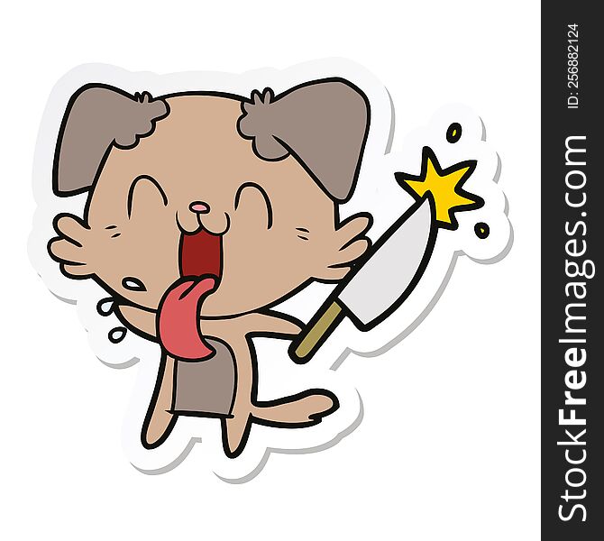 sticker of a cartoon crazy dog with knife