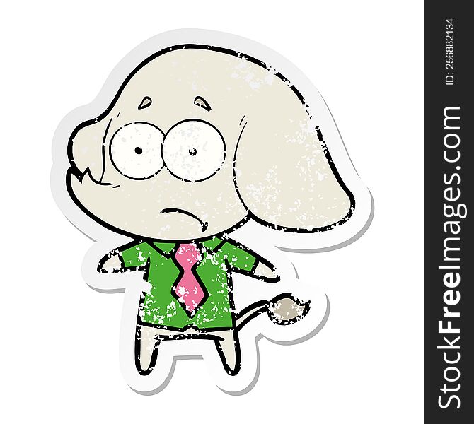 distressed sticker of a cartoon unsure elephant in shirt and tie