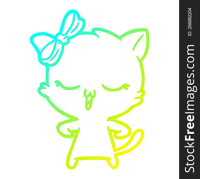 Cold Gradient Line Drawing Cartoon Cat With Bow On Head