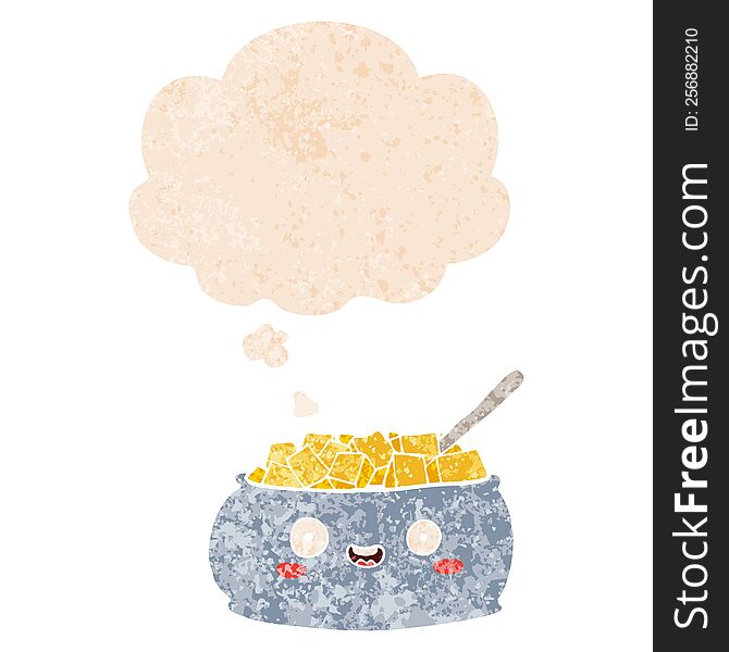 Cute Cartoon Bowl Of Sugar And Thought Bubble In Retro Textured Style